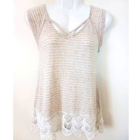 Takara Tops - Takara Taupe White Stripe Top Lace Hem